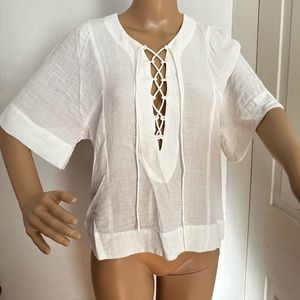 7-For-All-Mankind Linen Gauze Top with Lace-up Front